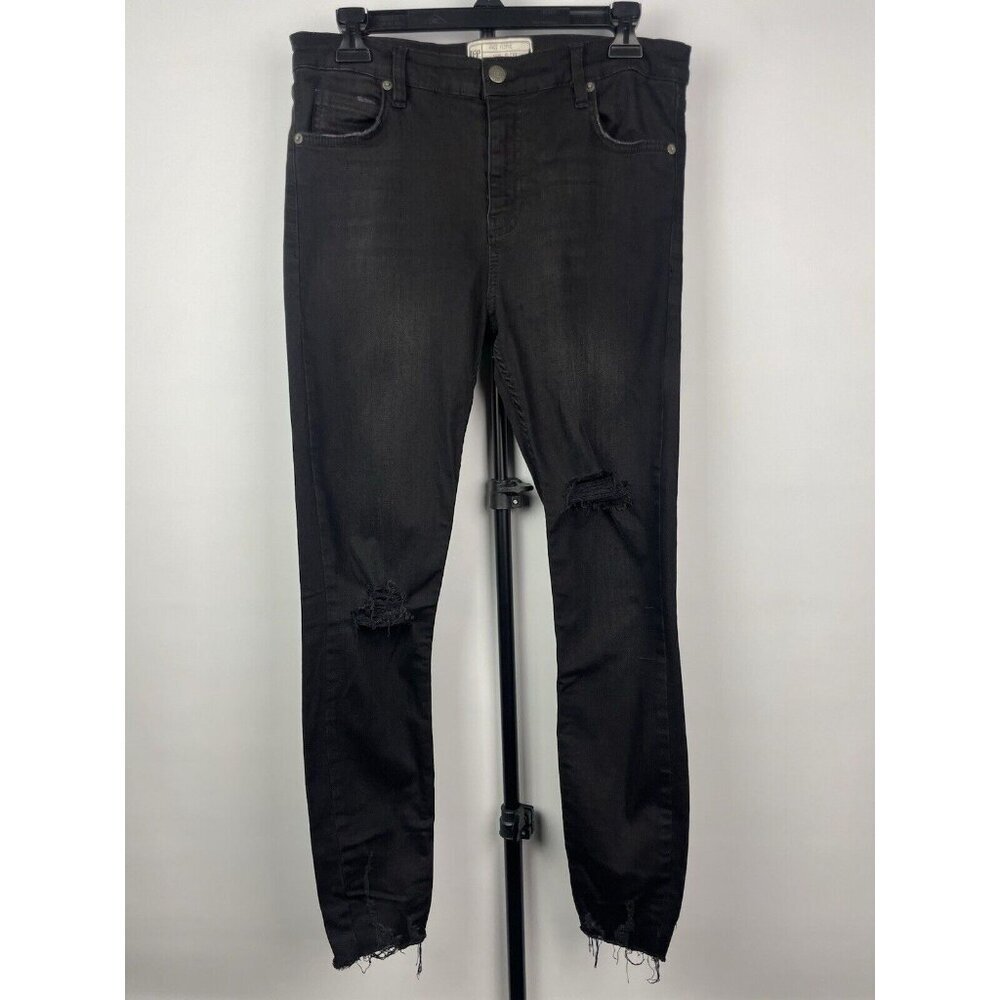 Free‎ People Dark Black Wash Distressed Raw Hem Stretch Skinny Jeans Size 28